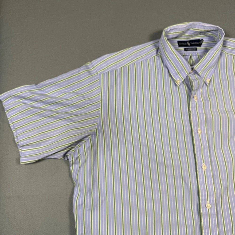 Ralph Lauren Classic Fit Striped Short Sleeve Button Down Shirt Blue Green XL